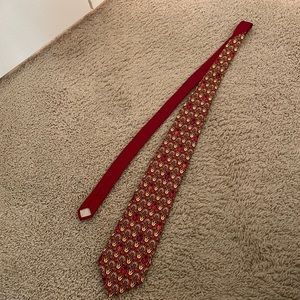 Vintage red silk Versace tie with pink, purple, and orange ladybugs